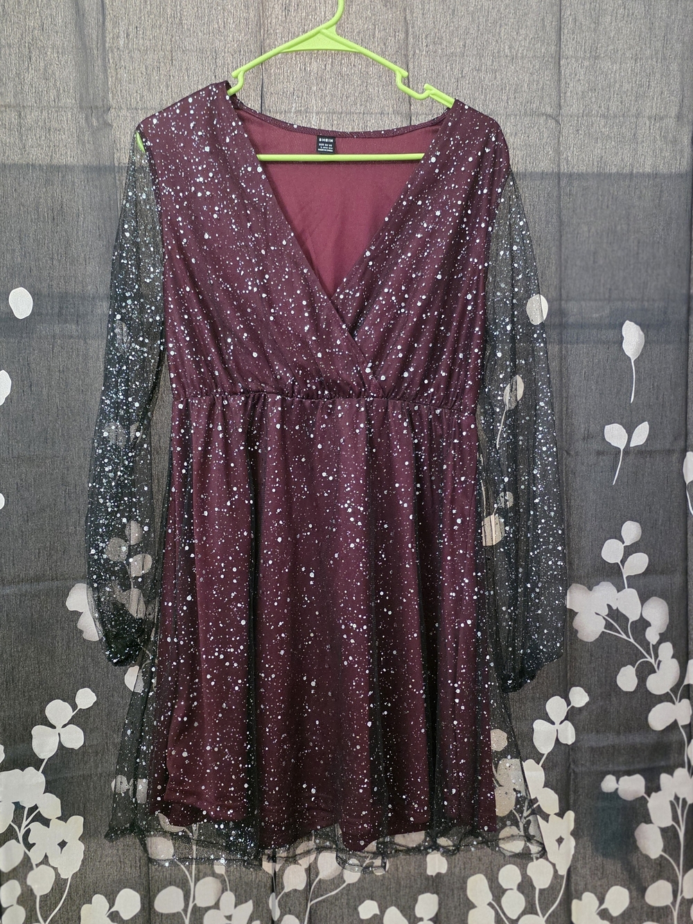 SHEIN Burgundy Sparkle V-Neck Long Sleeve Party Dress with Black Sheer Sleeves